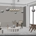 Modern Living Room With White Sofa Coffee Table Set Wooden Chairs Chandelier And Potted Plants