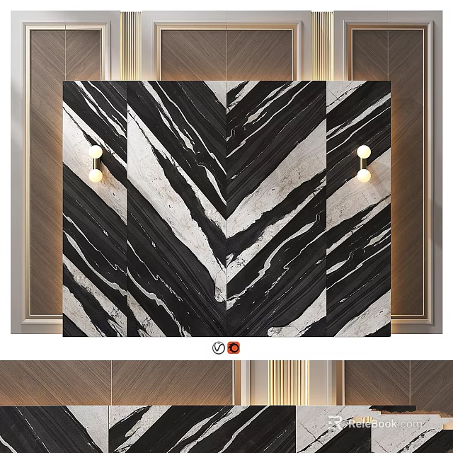 Black And White Zebra Pattern Wall Decor With Modern Lighting Fixtures 3d model 