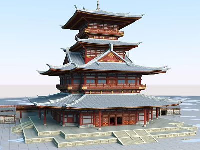Traditional Ancient Chinese Building With Multi Tiered Overhanging Eaves Gray Tiled Roof And Red Columns 3d model