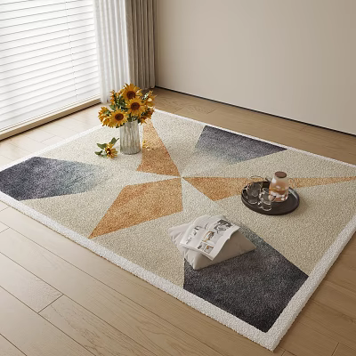 Modern Square Rug with Geometric Pattern Beige Orange Blue and Sunflower Bouquet Vase Tray Newspaper 3d model
