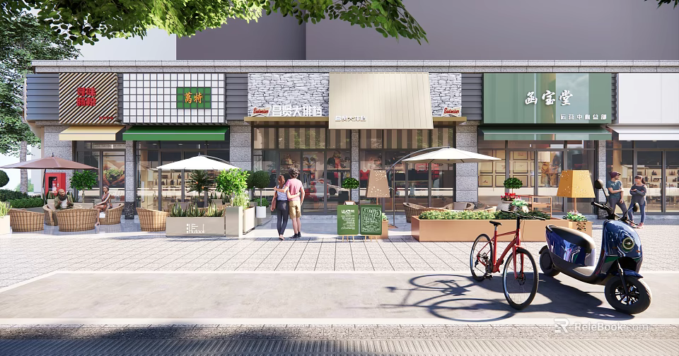 Vibrant Commercial Street Scene With Storefronts Pedestrians Umbrellas And Bicycles 3d model 