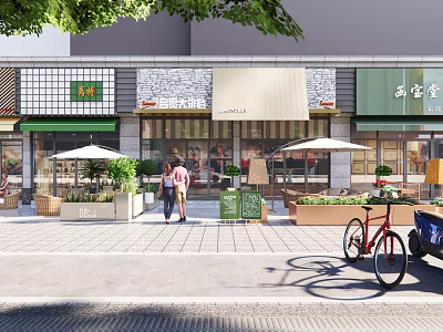 Vibrant Commercial Street Scene With Storefronts Pedestrians Umbrellas And Bicycles 3d model