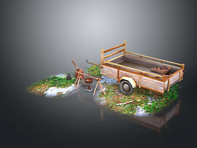 Outdoor Wooden Trailer Scene With Grill Grass Stones And Wheel 3d model