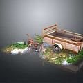 Outdoor Wooden Trailer Scene With Grill Grass Stones And Wheel