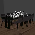Dark Colored Dining Table Set With Chairs Tableware And Antler Decor On Wooden Floor