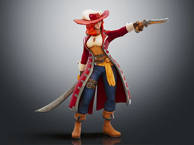 Pirate Female Character With Red Hair Red And White Hat Holding Gun And Sword 3d model