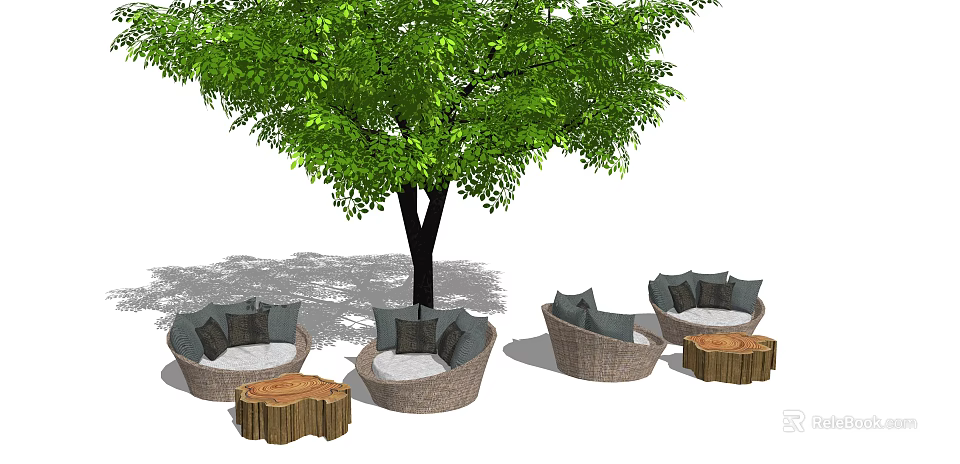 Outdoor Sofa Set With Wicker Design Under Tree And Wooden Coffee Tables 3d model 