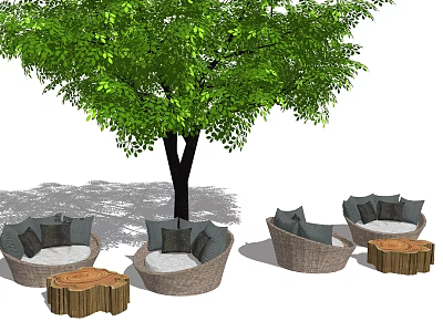 Outdoor Sofa Set With Wicker Design Under Tree And Wooden Coffee Tables 3d model