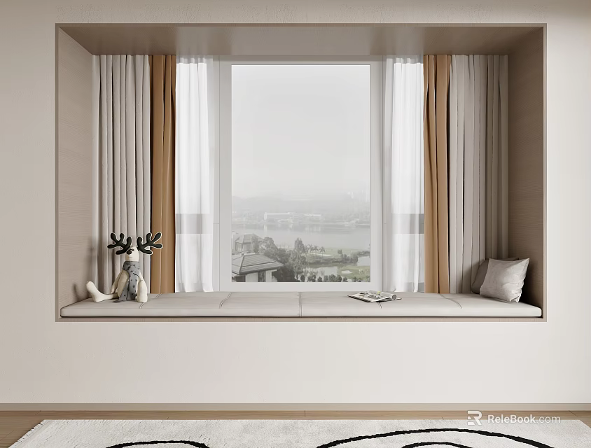 Elegant Decorative Cabinet by Window with Scenic View White Beige Curtains Cushion and Ornaments 3d model 