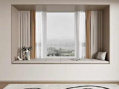 Elegant Decorative Cabinet by Window with Scenic View White Beige Curtains Cushion and Ornaments 3d model