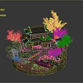 Traditional Architectural Model With Pink Trees Orange Foliage Rock And Wooden Boat