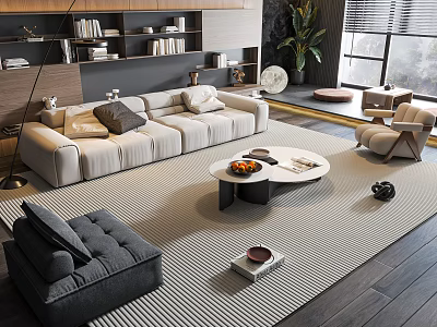 Modern Living Room Sofa Coffee Table Set With Beige Sofa Gray Armchair And Striped Rug 3d model