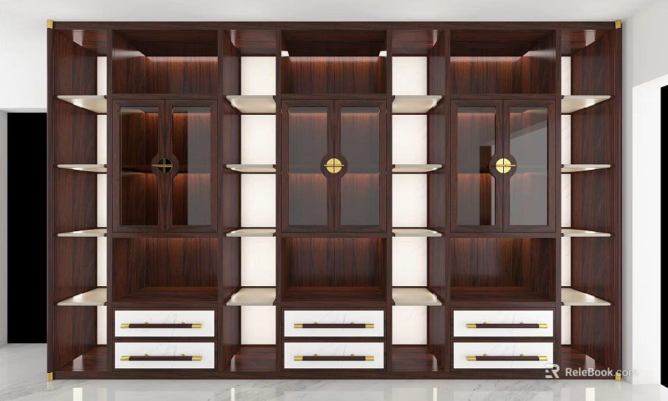 Elegant Dark Wood Decorative Cabinet With Glass Doors Drawers And Compartments 3d model 
