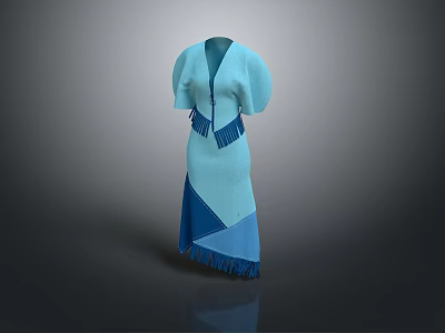 Stylish Blue And Light Blue Patchwork Dress With Puffed Sleeves And Fringes 3d model