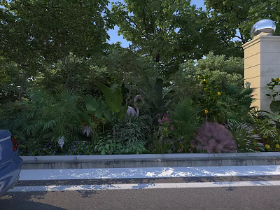 Lush Flowers and Plants Along Roadside With Green Trees Stone Pillar and Spherical Decoration 3d model