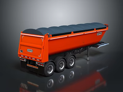 Orange MEILLER Dump Truck with Black Tarp Cover and Multi Wheel Trailer Design 3d model