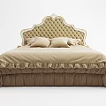Elegant Beige Double Bed With Golden Border Upholstered Headboard And Ruffled Bedding