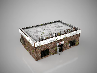 Small Vintage General Store Brick Structure With Weathered Roof Sign Windows And Door 3d model