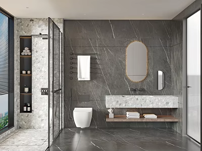 Modern Luxurious Bathroom With Marble Walls Shower Area Toilet Vanity And Mirror 3d model