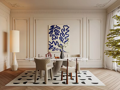 Elegant Restaurant Interior With White Paneled Walls Artwork Dining Table Chairs And Green Plant 3d model