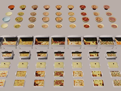 Assorted Food Plates And Boxes With Various Pizza Toppings And Different Flavors 3d model