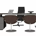 Modern Office Desk Workspace With Laptop Black Chair Two Brown Armchairs And Cabinet