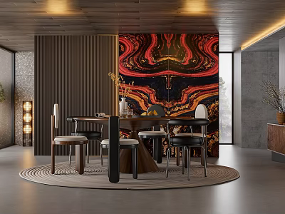 Modern Restaurant Interior With Round Dining Table Colorful Mural And Wooden Decor 3d model