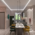 Modern Apartment Interior With Green Wall Study Desk Yellow Chairs And Dining Table