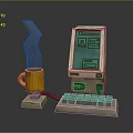 Retro Computer With Green Screen Keyboard And Yellow Mug On Desktop Setup 3d model