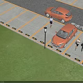 Open Paved Parking Lot With Orange Cars People Walking And Marked Spaces