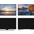 Modern TVs Showcasing Scenic Sunset Mountain Lake Views With Curved And Flat Screen Designs