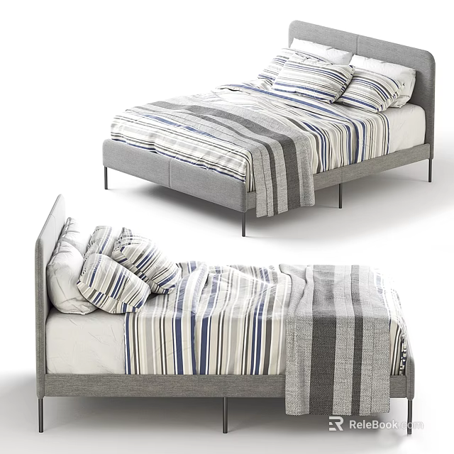 Modern Double Bed With Striped Bedspread Gray Headboard Metal Frame And Pillows 3d model