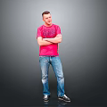 Young Man In Red T-Shirt And Blue Jeans Standing With Arms Crossed On Gray Background