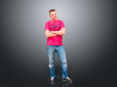 Young Man In Red T-Shirt And Blue Jeans Standing With Arms Crossed On Gray Background 3d model