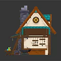 Cartoon Style House Scene with Orange Roof Blue Tiles Chimney Windows and Front Table Decorations