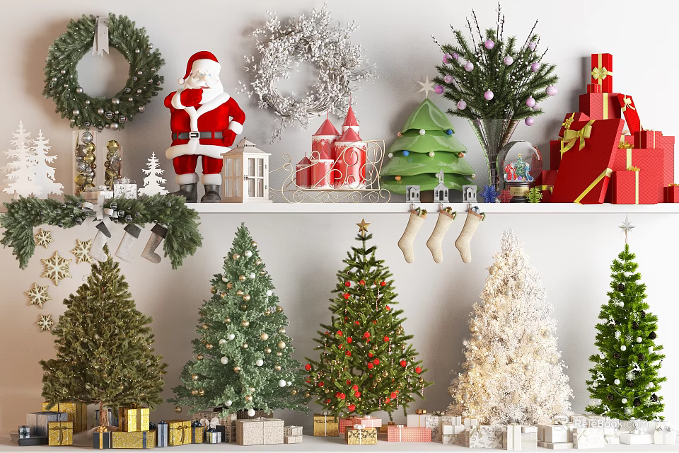 Festive Christmas Decorations Display With Santa Wreaths Trees Stockings And Gift Boxes 3d model 