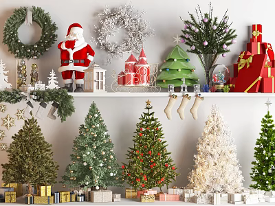 Festive Christmas Decorations Display With Santa Wreaths Trees Stockings And Gift Boxes 3d model