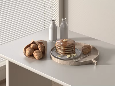 Pancakes Stacked With Syrup Banana Slices Croissants In Wooden Basket Milk Bottles On White Table 3d model
