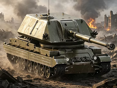 Military Tank Moving Through Ruined Battlefield with Smoke Flames and Collapsed Buildings 3d model