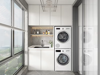 Home Balcony Interior With Stacked Washer Dryer Built In Cabinet And Decorative Shelf 3d model