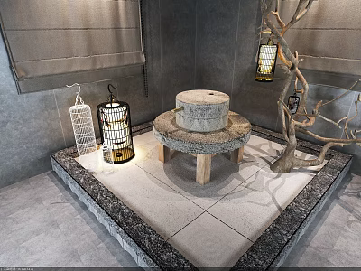 Cozy Garden Decor With Stone Mill Hanging Lanterns Tree Branch Gray Walls And Roller Blinds 3d model