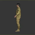 Man Wearing Yellow Military Style Uniform With Pockets Standing Against Gray Background