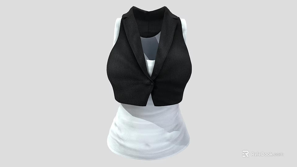 Stylish Black Sleeveless Cropped Vest Layered Over White Tank Top Fashion 3d model 