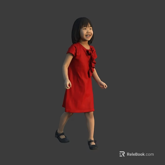 Smiling Girl In Red Dress With Short Black Hair And Black Shoes On Gray Background 3d model 