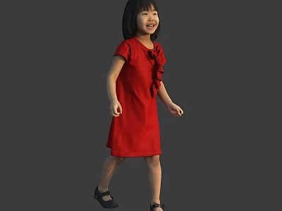 Smiling Girl In Red Dress With Short Black Hair And Black Shoes On Gray Background 3d model