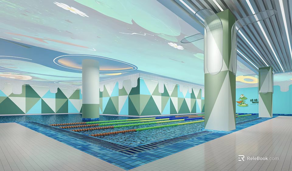 Indoor Swimming Pool With Geometric Wall Patterns Lane Lines And Decorative Columns 3d model