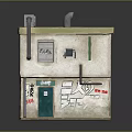 Cartoon Scene of Small Aged Building Exterior With Green Door Sign Graffiti and Pipes