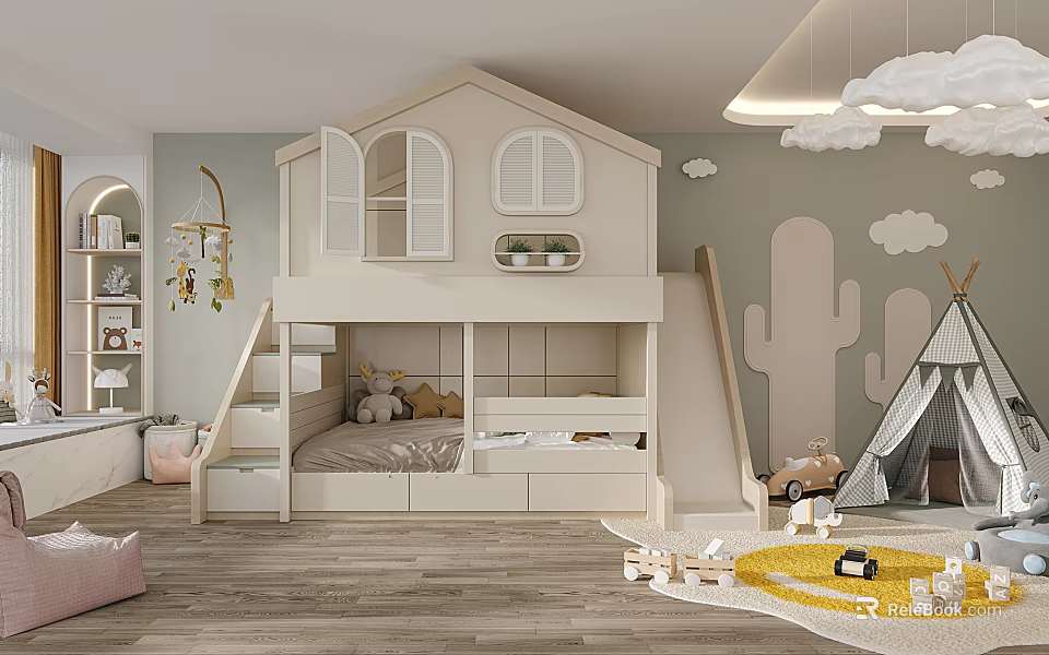 Playful Kids Bedroom With Treehouse Bunk Bed Slide And Teepee 3d model 