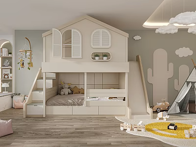 Playful Kids Bedroom With Treehouse Bunk Bed Slide And Teepee 3d model