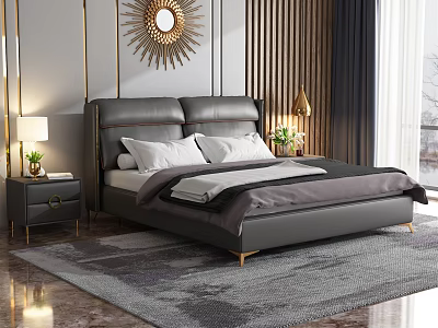 Modern Elegant Double Bed Interior With Leather Headboard Nightstand Table Lamp Decorative Mirror And Rug 3d model